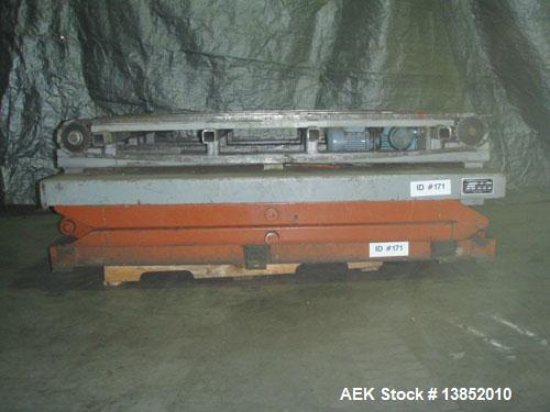 Used Olympic Material Handling pallet conveyor with hydraulic lift. Drag chain pallet conveyor with hydraulic scissor lift. Year 2002. 4,000 lb capacity. 3 hp, 460 volts, 3.8 amps. Overall 6' long x ...
