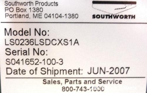 Used Southworth Systems Pallet Lift. Machine is rated at a 2000 lb capacity. Has a lift area of 48" X 42". 1/30/115V. Built 2007.