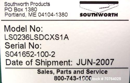 Used Southworth Systems Pallet Lift. Machine is rated at a 2000 lb capacity. Has a lift area of 48" X 42". 1/30/115V. Built 2007.