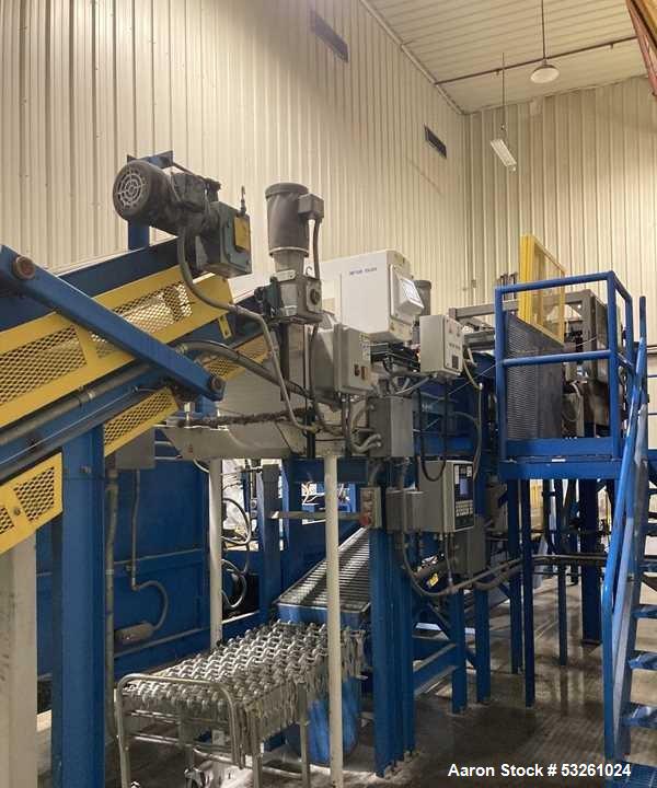 Used Master Conveyor Corporation Automated Palletizer System with Pallet Wrapper, Metal Detector & Conveyors