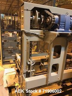 Unused- ABC, Model 72A Case Palletizer. Has product timing infeed conveyor, 25" wide row forming conveyor with case turner. Standard row pusher. Low friction roller transfer table. Main frame with el...