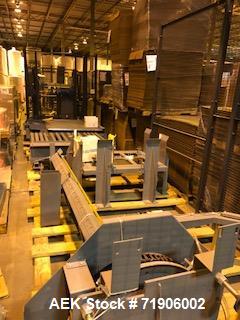 Unused- ABC, Model 72A Case Palletizer. Has product timing infeed conveyor, 25" wide row forming conveyor with case turner. Standard row pusher. Low friction roller transfer table. Main frame with el...