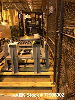 Unused- ABC, Model 72A Case Palletizer. Has product timing infeed conveyor, 25" wide row forming conveyor with case turner. Standard row pusher. Low friction roller transfer table. Main frame with el...