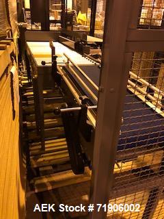 Unused- ABC, Model 72A Case Palletizer. Has product timing infeed conveyor, 25" wide row forming conveyor with case turner. Standard row pusher. Low friction roller transfer table. Main frame with el...