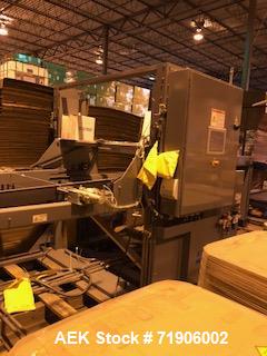 Unused- ABC, Model 72A Case Palletizer. Has product timing infeed conveyor, 25" wide row forming conveyor with case turner. Standard row pusher. Low friction roller transfer table. Main frame with el...