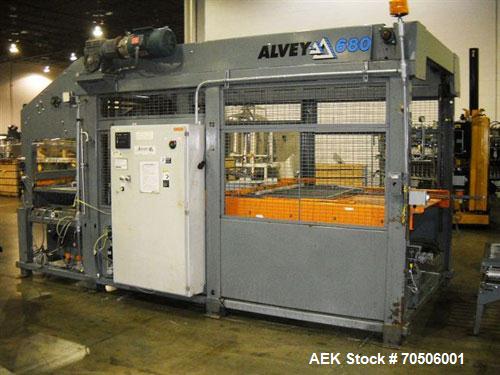 Used Alvey 680 Low Level Palletizer. Capable of speeds up to 35 cases per minute. Case size range: (Length) 6" to 24" (Width) 3" to 18" (Height) 3" to 18".Maximum weight capacity: 500 lbs per layer o...
