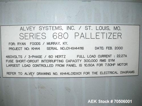 Used Alvey 680 Low Level Palletizer. Capable of speeds up to 35 cases per minute. Case size range: (Length) 6" to 24" (Width) 3" to 18" (Height) 3" to 18".Maximum weight capacity: 500 lbs per layer o...