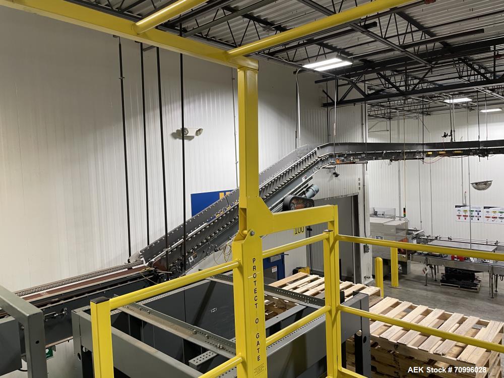 Used Alvey Series 780 Compact Automatic Full Case Palletizer. Capable of speeds up to 50 cases per minute. Includes pallet feeder, tier/slip sheet placer. Allen Bradley Compact Logix L326 PLC Control...