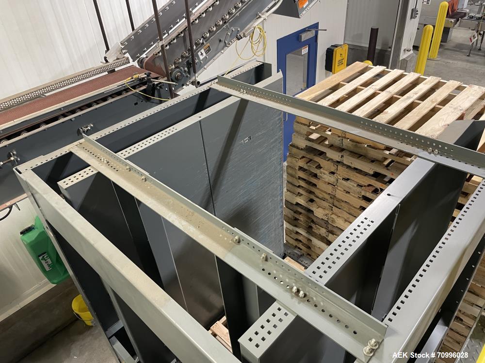 Used Alvey Series 780 Compact Automatic Full Case Palletizer. Capable of speeds up to 50 cases per minute. Includes pallet feeder, tier/slip sheet placer. Allen Bradley Compact Logix L326 PLC Control...