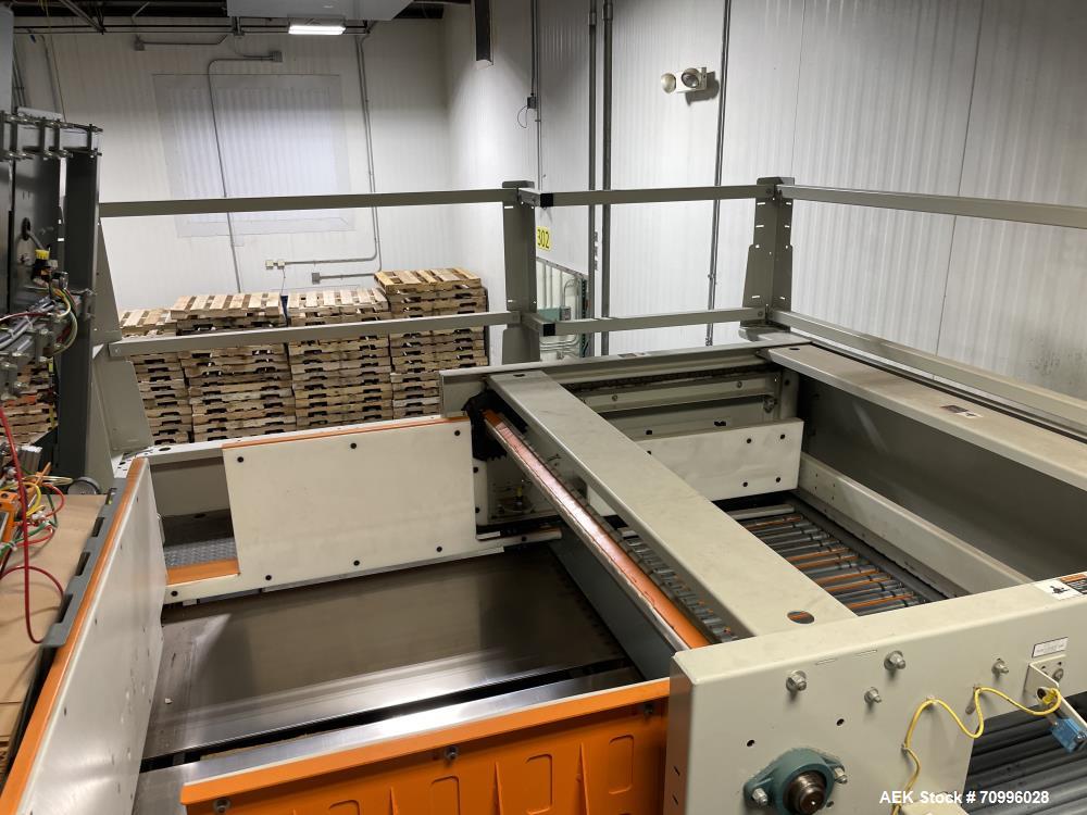 Used Alvey Series 780 Compact Automatic Full Case Palletizer. Capable of speeds up to 50 cases per minute. Includes pallet feeder, tier/slip sheet placer. Allen Bradley Compact Logix L326 PLC Control...