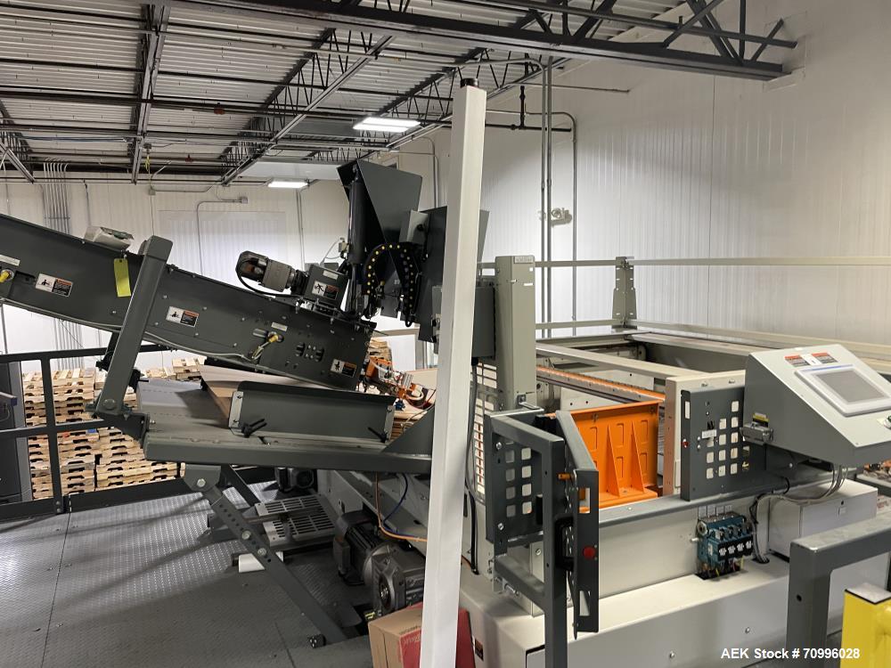 Used Alvey Series 780 Compact Automatic Full Case Palletizer. Capable of speeds up to 50 cases per minute. Includes pallet feeder, tier/slip sheet placer. Allen Bradley Compact Logix L326 PLC Control...