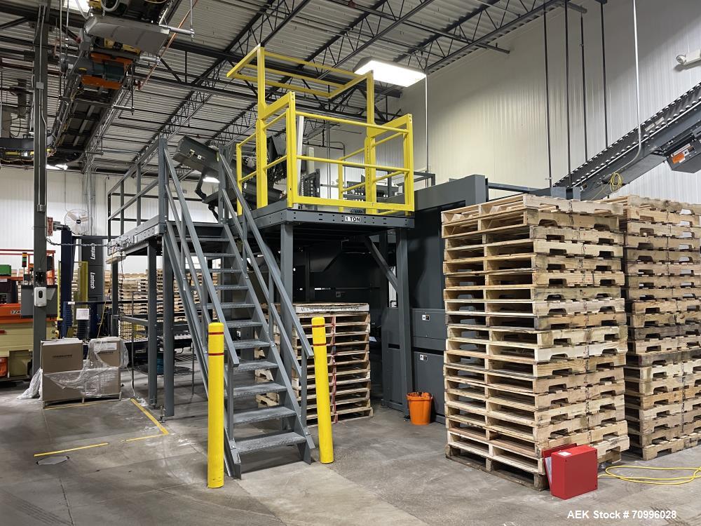 Used Alvey Series 780 Compact Automatic Full Case Palletizer. Capable of speeds up to 50 cases per minute. Includes pallet feeder, tier/slip sheet placer. Allen Bradley Compact Logix L326 PLC Control...