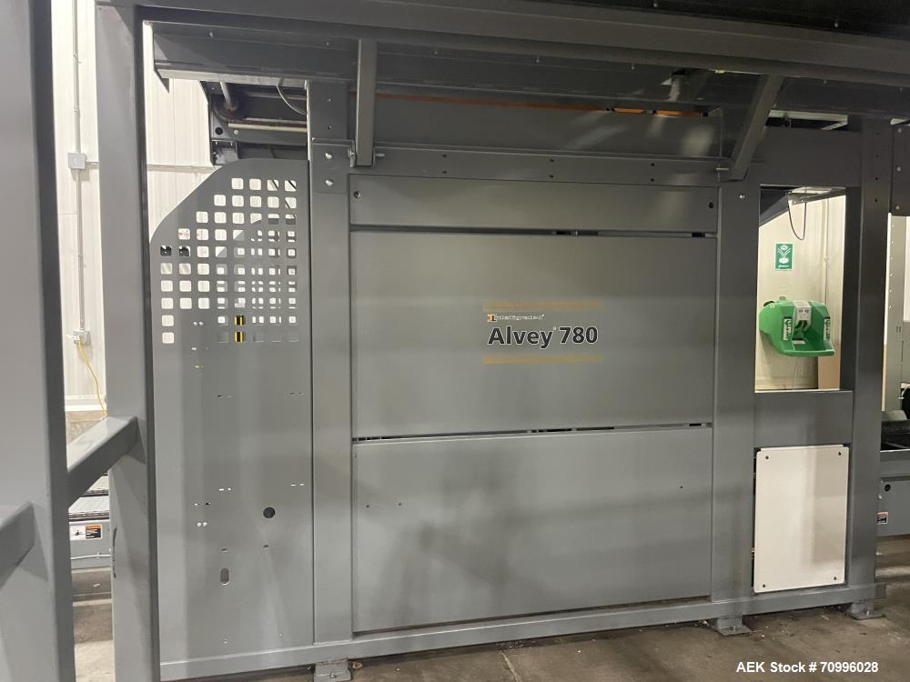 Used Alvey Series 780 Compact Automatic Full Case Palletizer. Capable of speeds up to 50 cases per minute. Includes pallet feeder, tier/slip sheet placer. Allen Bradley Compact Logix L326 PLC Control...