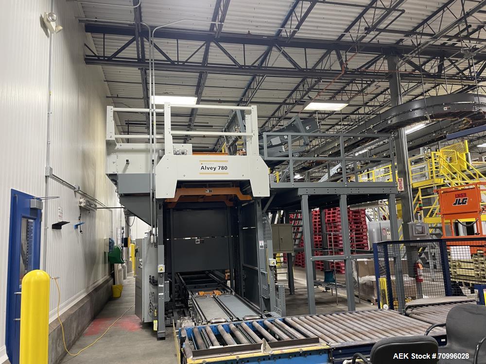 Used Alvey Series 780 Compact Automatic Full Case Palletizer. Capable of speeds up to 50 cases per minute. Includes pallet feeder, tier/slip sheet placer. Allen Bradley Compact Logix L326 PLC Control...