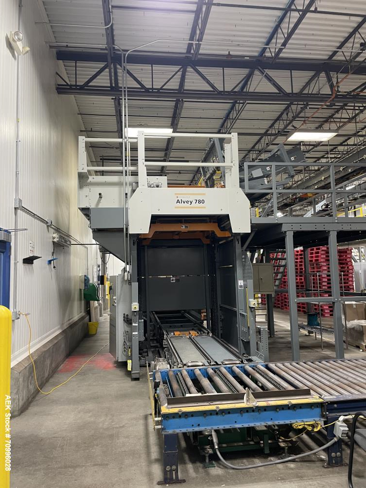 Used Alvey Series 780 Compact Automatic Full Case Palletizer. Capable of speeds up to 50 cases per minute. Includes pallet feeder, tier/slip sheet placer. Allen Bradley Compact Logix L326 PLC Control...