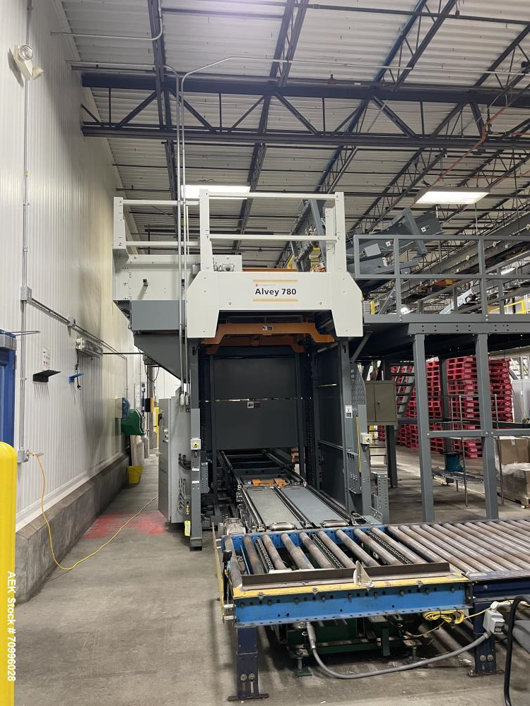 Used- Alvey Series 780 Compact Automatic Full Case Palletizer. Capable of speeds up to 50 cases per minute. Includes pallet ...