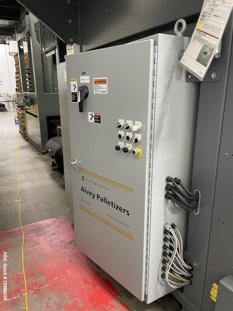 Used Alvey Series 780 Compact Automatic Full Case Palletizer. Capable of speeds up to 50 cases per minute. Includes pallet feeder, tier/slip sheet placer. Allen Bradley Compact Logix L326 PLC Control...