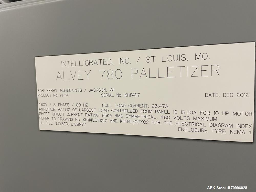 Used Alvey Series 780 Compact Automatic Full Case Palletizer. Capable of speeds up to 50 cases per minute. Includes pallet feeder, tier/slip sheet placer. Allen Bradley Compact Logix L326 PLC Control...