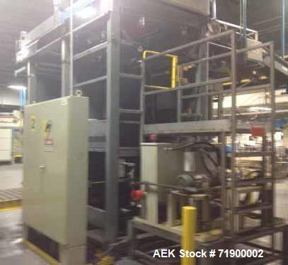 Used Alvey Model 800 Automatic Palletizer. Capable of speeds up to 75 cases per minute. Has Allen Bradley 5-20 PLC controls, last running 40 x 48 pallets. Has pallet feeder, compact design.
