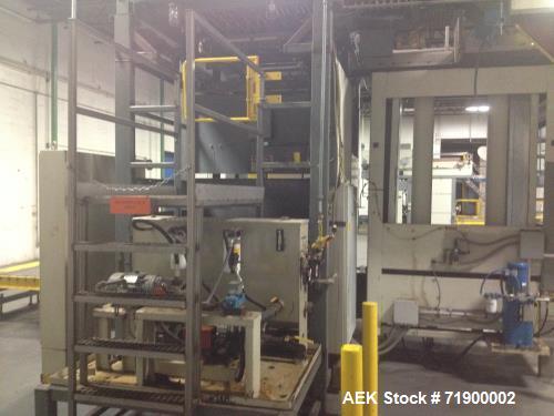 Used Alvey Model 800 Automatic Palletizer. Capable of speeds up to 75 cases per minute. Has Allen Bradley 5-20 PLC controls, last running 40 x 48 pallets. Has pallet feeder, compact design.