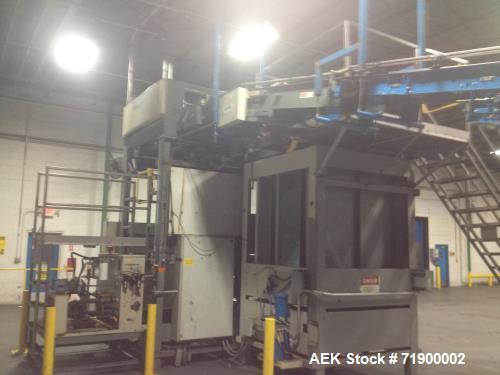 Used- Alvey Model 800 Automatic Palletizer. Capable of speeds up to 75 cases per minute. Has Allen Bradley 5-20 PLC controls...