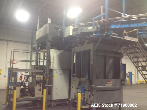 Used Alvey Model 800 Automatic Palletizer. Capable of speeds up to 75 cases per minute. Has Allen Bradley 5-20 PLC controls, last running 40 x 48 pallets. Has pallet feeder, compact design.