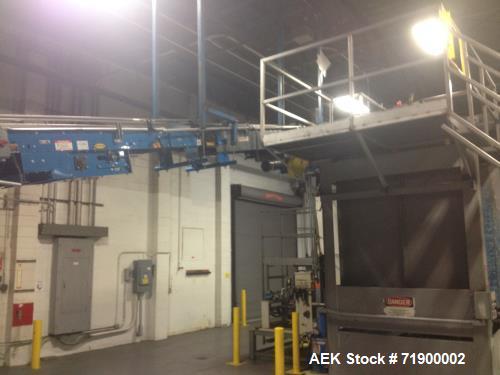 Used Alvey Model 800 Automatic Palletizer. Capable of speeds up to 75 cases per minute. Has Allen Bradley 5-20 PLC controls, last running 40 x 48 pallets. Has pallet feeder, compact design.