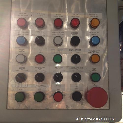 Used Alvey Model 800 Automatic Palletizer. Capable of speeds up to 75 cases per minute. Has Allen Bradley 5-20 PLC controls, last running 40 x 48 pallets. Has pallet feeder, compact design.