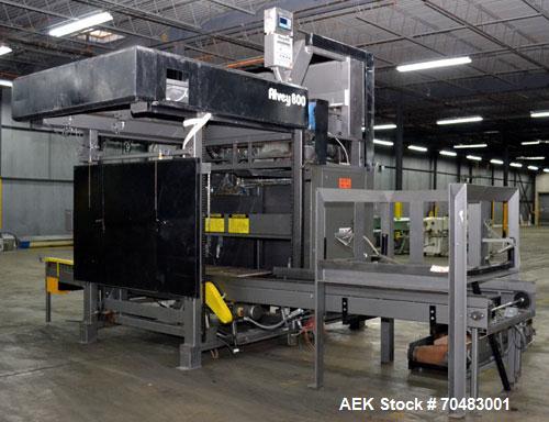 Used Alvey Model 800 Automatic Palletizer. Capable of speeds up to 75 cases per minute. Has Allen Bradley Micrologixs PLC controls, last running 40 x 48 pallets. Has pallet feeder, compact design.