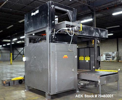 Used Alvey Model 800 Automatic Palletizer. Capable of speeds up to 75 cases per minute. Has Allen Bradley Micrologixs PLC controls, last running 40 x 48 pallets. Has pallet feeder, compact design.