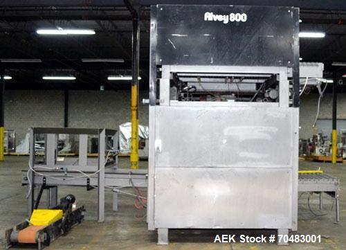 Used Alvey Model 800 Automatic Palletizer. Capable of speeds up to 75 cases per minute. Has Allen Bradley Micrologixs PLC controls, last running 40 x 48 pallets. Has pallet feeder, compact design.