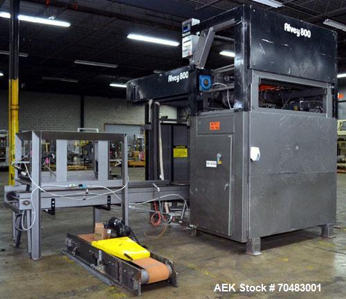 Used Alvey Model 800 Automatic Palletizer. Capable of speeds up to 75 cases per minute. Has Allen Bradley Micrologixs PLC controls, last running 40 x 48 pallets. Has pallet feeder, compact design.