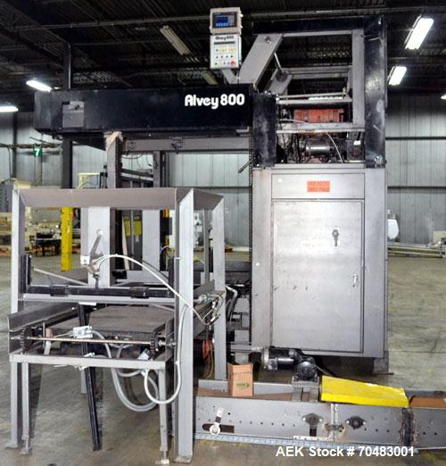 Used Alvey Model 800 Automatic Palletizer. Capable of speeds up to 75 cases per minute. Has Allen Bradley Micrologixs PLC controls, last running 40 x 48 pallets. Has pallet feeder, compact design.