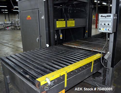 Used Alvey Model 800 Automatic Palletizer. Capable of speeds up to 75 cases per minute. Has Allen Bradley Micrologixs PLC controls, last running 40 x 48 pallets. Has pallet feeder, compact design.
