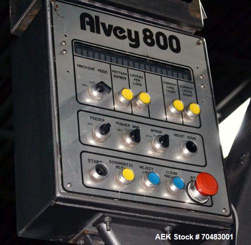 Used Alvey Model 800 Automatic Palletizer. Capable of speeds up to 75 cases per minute. Has Allen Bradley Micrologixs PLC controls, last running 40 x 48 pallets. Has pallet feeder, compact design.