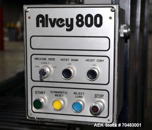 Used Alvey Model 800 Automatic Palletizer. Capable of speeds up to 75 cases per minute. Has Allen Bradley Micrologixs PLC controls, last running 40 x 48 pallets. Has pallet feeder, compact design.