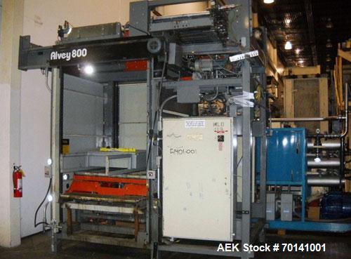 Used Alvey Model 800 Automatic Palletizer. Capable of speeds up to 75 cases per minute. Has Allen Bradley 504 PLC controls, last running 40 x 48 pallets. Has pallet feeder, compact design.