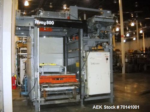 Used Alvey Model 800 Automatic Palletizer. Capable of speeds up to 75 cases per minute. Has Allen Bradley 504 PLC controls, last running 40 x 48 pallets. Has pallet feeder, compact design.