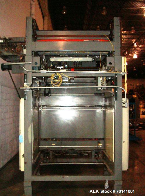 Used Alvey Model 800 Automatic Palletizer. Capable of speeds up to 75 cases per minute. Has Allen Bradley 504 PLC controls, last running 40 x 48 pallets. Has pallet feeder, compact design.