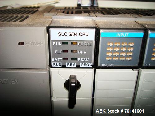 Used Alvey Model 800 Automatic Palletizer. Capable of speeds up to 75 cases per minute. Has Allen Bradley 504 PLC controls, last running 40 x 48 pallets. Has pallet feeder, compact design.