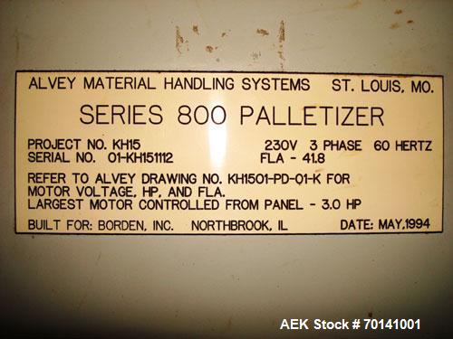 Used Alvey Model 800 Automatic Palletizer. Capable of speeds up to 75 cases per minute. Has Allen Bradley 504 PLC controls, last running 40 x 48 pallets. Has pallet feeder, compact design.