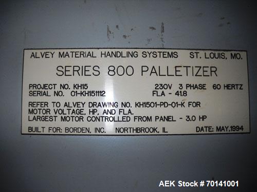 Used Alvey Model 800 Automatic Palletizer. Capable of speeds up to 75 cases per minute. Has Allen Bradley 504 PLC controls, last running 40 x 48 pallets. Has pallet feeder, compact design.