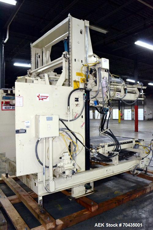 Used Columbia Machine Colmac 500 Low Level Case Palletizer, Model 500H-LRXS-AB-9002, Carbon Steel. Capable of 35 to 45 cases per minute depending on pattern. Capacity up to 24" long x 18" wide x 18" ...