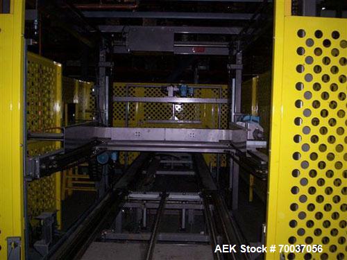 Used Goldco High Level Case Palletizer, Model L2025. Includes adjustable pallet dispenser for 36" x 36" and 40" x 48" pallets. Siemens electrical controls. Contains programs for approximately 20 diff...