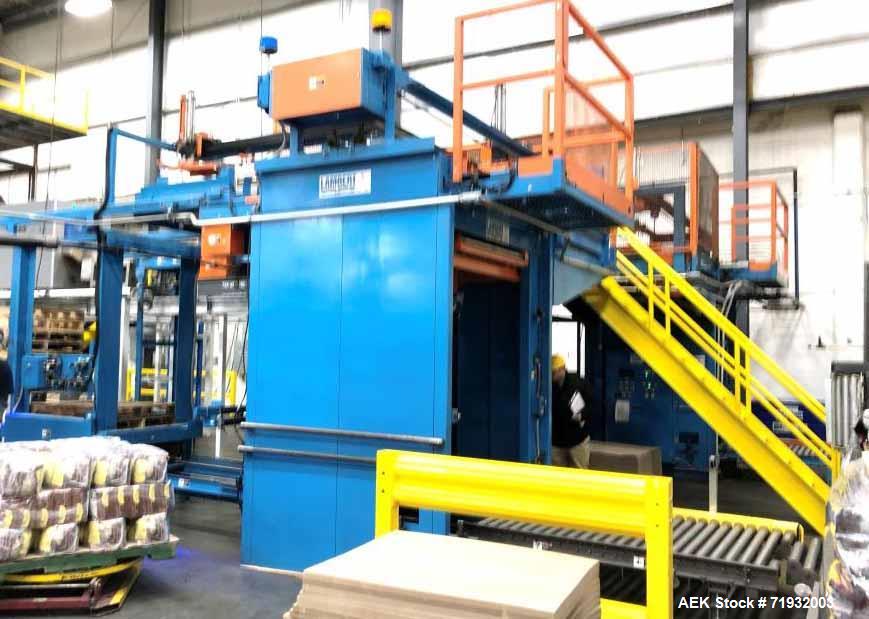 Used Lambert Material Handling 1200 Fully Automatic Bag Palletizer. Speeds up to 50 cases per minute based on layer pattern, load capacity 600 pounds per layer, Maximum load capacity 4000 at 70" heig...