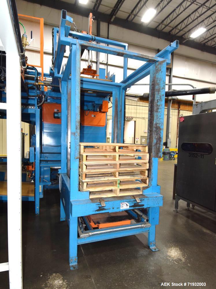 Used Lambert Material Handling 1200 Fully Automatic Bag Palletizer. Speeds up to 50 cases per minute based on layer pattern, load capacity 600 pounds per layer, Maximum load capacity 4000 at 70" heig...