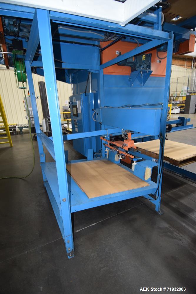 Used Lambert Material Handling 1200 Fully Automatic Bag Palletizer. Speeds up to 50 cases per minute based on layer pattern, load capacity 600 pounds per layer, Maximum load capacity 4000 at 70" heig...