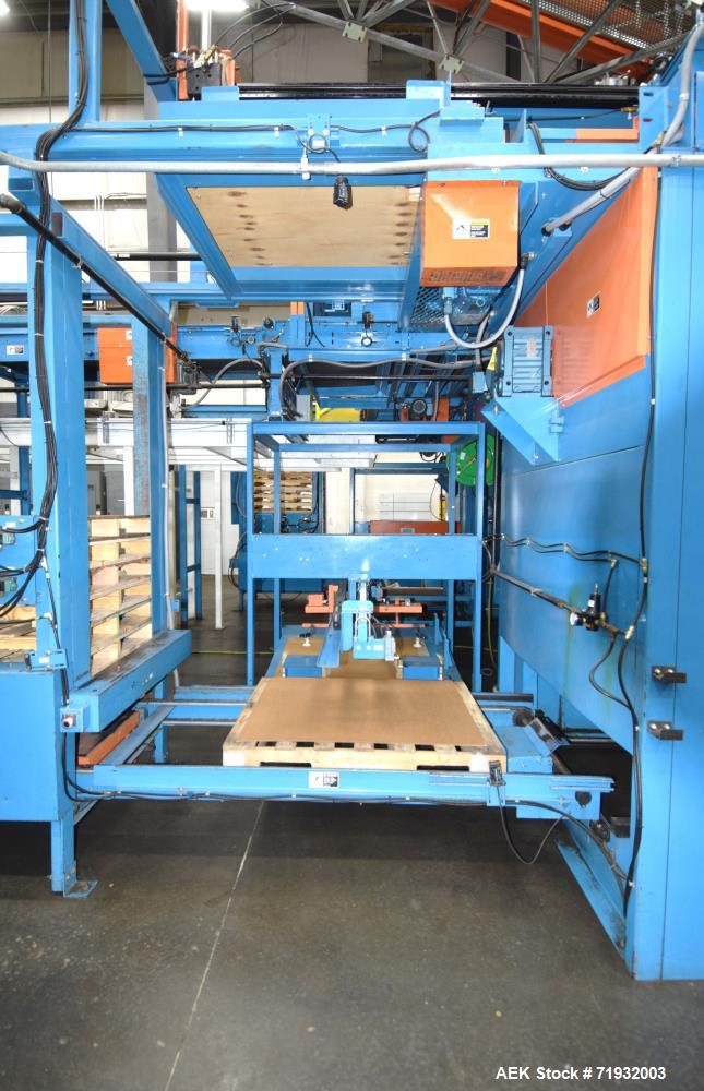 Used Lambert Material Handling 1200 Fully Automatic Bag Palletizer. Speeds up to 50 cases per minute based on layer pattern, load capacity 600 pounds per layer, Maximum load capacity 4000 at 70" heig...