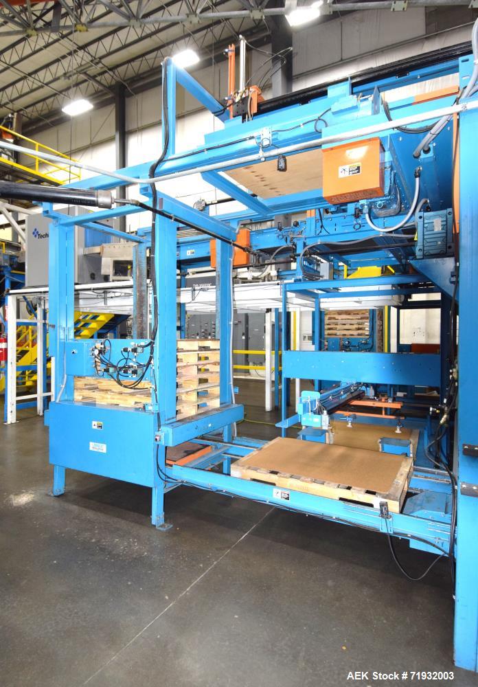 Used Lambert Material Handling 1200 Fully Automatic Bag Palletizer. Speeds up to 50 cases per minute based on layer pattern, load capacity 600 pounds per layer, Maximum load capacity 4000 at 70" heig...