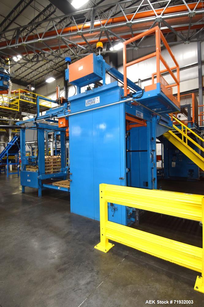Used Lambert Material Handling 1200 Fully Automatic Bag Palletizer. Speeds up to 50 cases per minute based on layer pattern, load capacity 600 pounds per layer, Maximum load capacity 4000 at 70" heig...